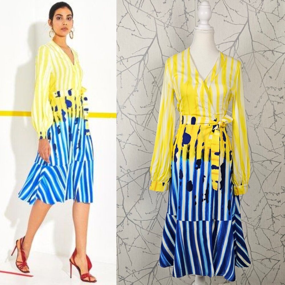 Stella Jean Yellow Blue Artsy Print Midi Wrap Dress